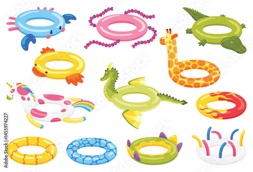 Inflatable swim pool ring set. Colorful floater element for beach, swimming pool lifebuoy and life saver equipment. Inflatable rubber toy, cartoon vector illustration