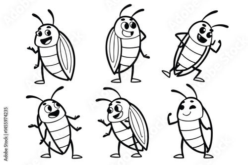 Cartoon Cockroach Characters Collection in Black and White Outline, Expressing Joy and Animation, Isolated on White Background.