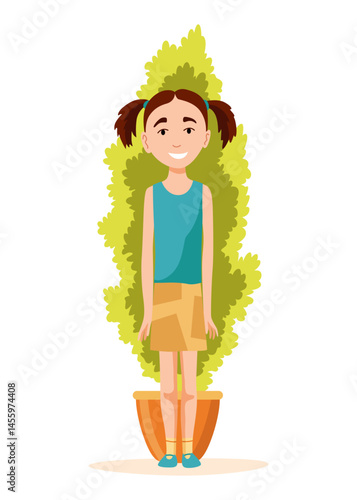 Kid playing hide and seek. Playing game outdoor in summer vacations. Girl having fun outdoors, summer playtime. Vector cartoon illustration