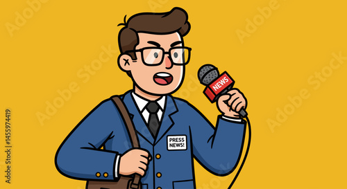 Cartoon reporter with microphone on yellow background