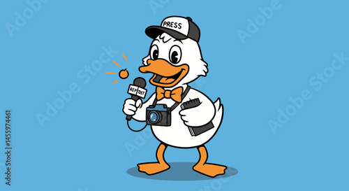 Duck Cartoon Reporter with Microphone and Camera