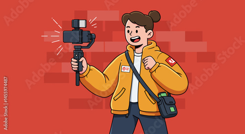 Person holding Camera Gimbal with Red Background
