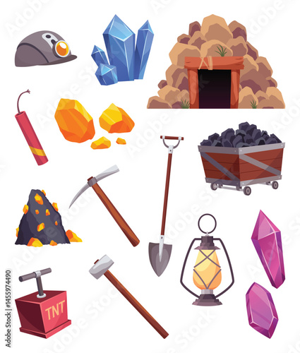 Mining elements. Game mining props icons set. Assets items in cartoon style, objects for ui or level design. Treasure mining. Vector illustration