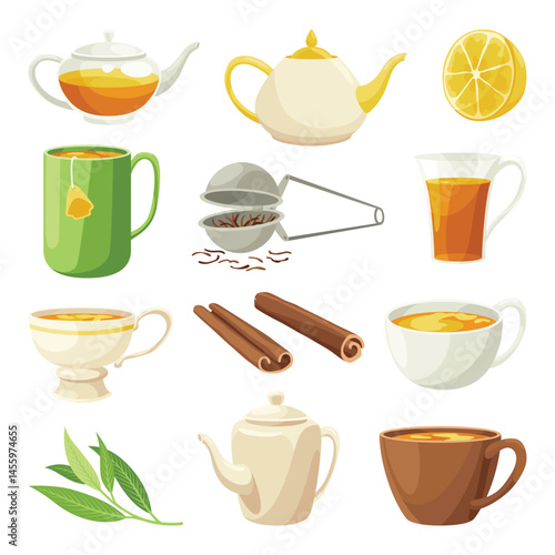 Tea brewing icon set. Accessories for tea party. Teapots, teacups, and infusers for traditional and cozy tea drinking. Aromatic hot drink. Flat vector illustration isolated on white background