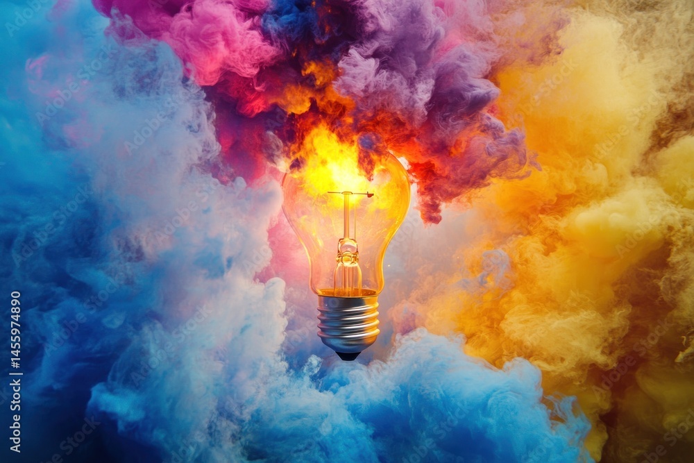radiant light bulb breaking open, vibrant pigment and creative motion concept radiant light bulb breaking open, vibrant pigment and creative motion concept