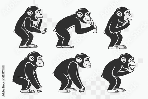 Set of Chimpanzee Cartoon Character in Different Poses, Isolated Vector Illustration of Ape with Various Emotions and Activities.