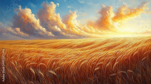 Zephyrs dance through a field of golden wheat, creating undulating waves across the sun-drenched expanse.