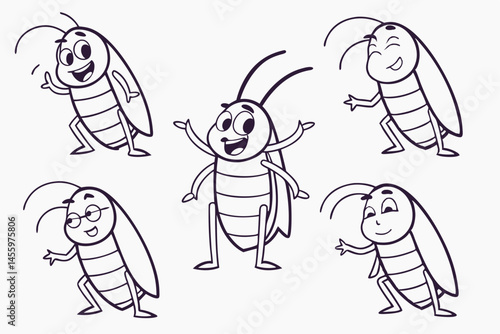 Funny Cartoon Cockroaches Line Art Characters Collection With Different Emotions and Poses On White Background.