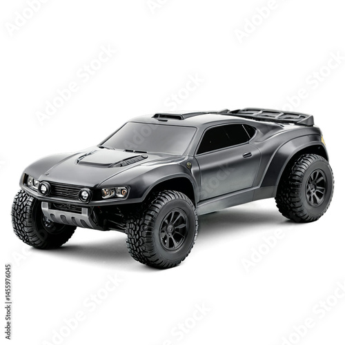 Remote control car on display showcasing sleek design and sturdy tires in bright lighting