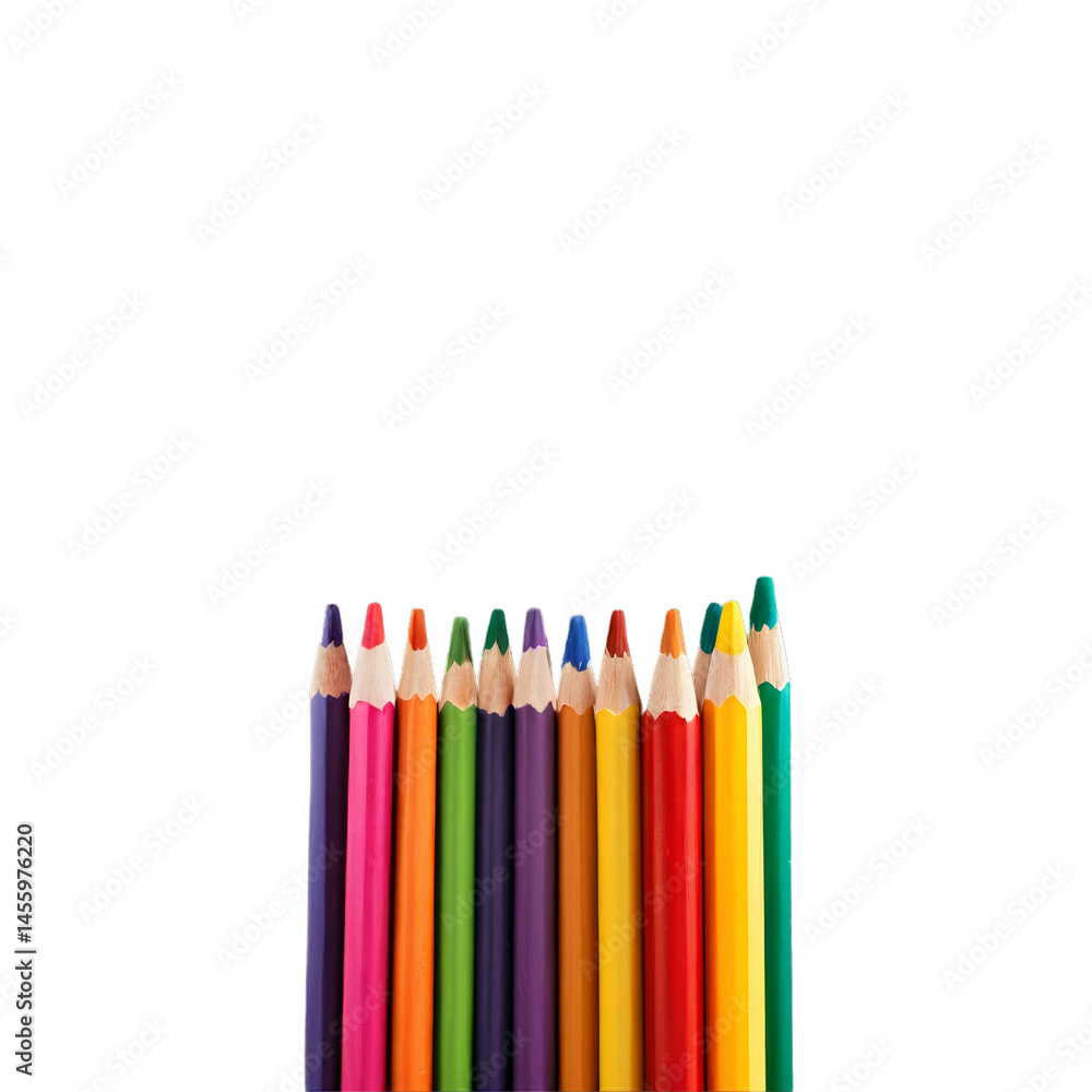 Variety of colored pencils arranged in a row on a white background Variety of colored pencils arranged in a row on a white background
