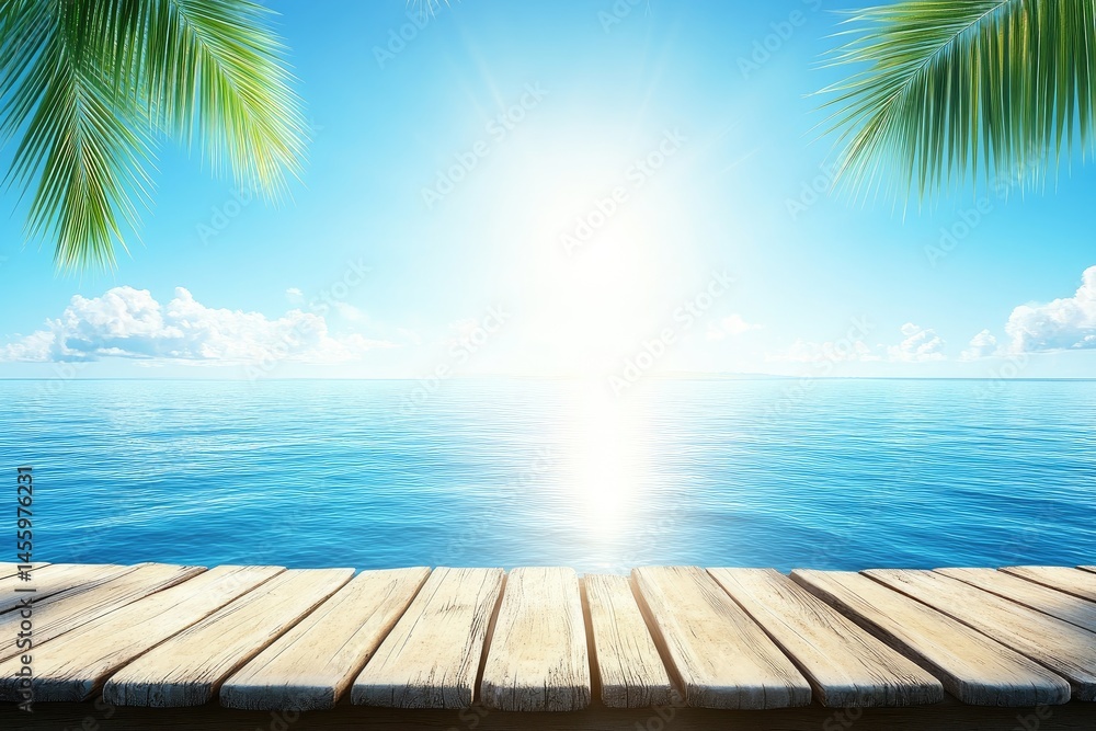 Tranquil ocean scene with wooden dock. Sunny skies with palm trees framing the view Tranquil ocean scene with wooden dock. Sunny skies with palm trees framing the view