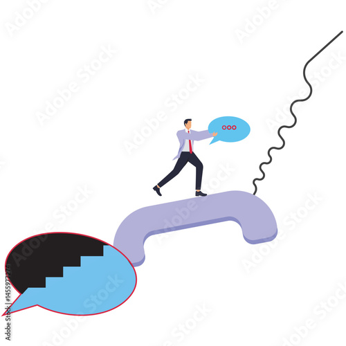 Telecom Fraud, Telemarketing & Traps, Network Marketing Scams, Lies, Businessmen Running Running to the Phone by the Speech Bubble