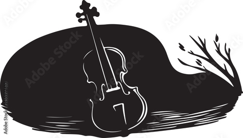 Silhouette of a Violin Resting Against a Dark, Hilly Landscape