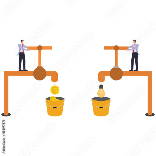 Open up money making ideas, business ideas and profits, businessmen turn on the faucet to flow out bulbs and gold coins