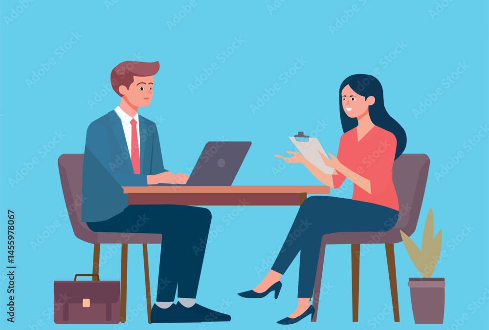 Job interview in progress. Businessman interviewing a female candidate in an office setting. Recruitment, hiring process, and employment concept. Job interview in progress. Businessman interviewing a female candidate in an office setting. Recruitment, hiring process, and employment concept.