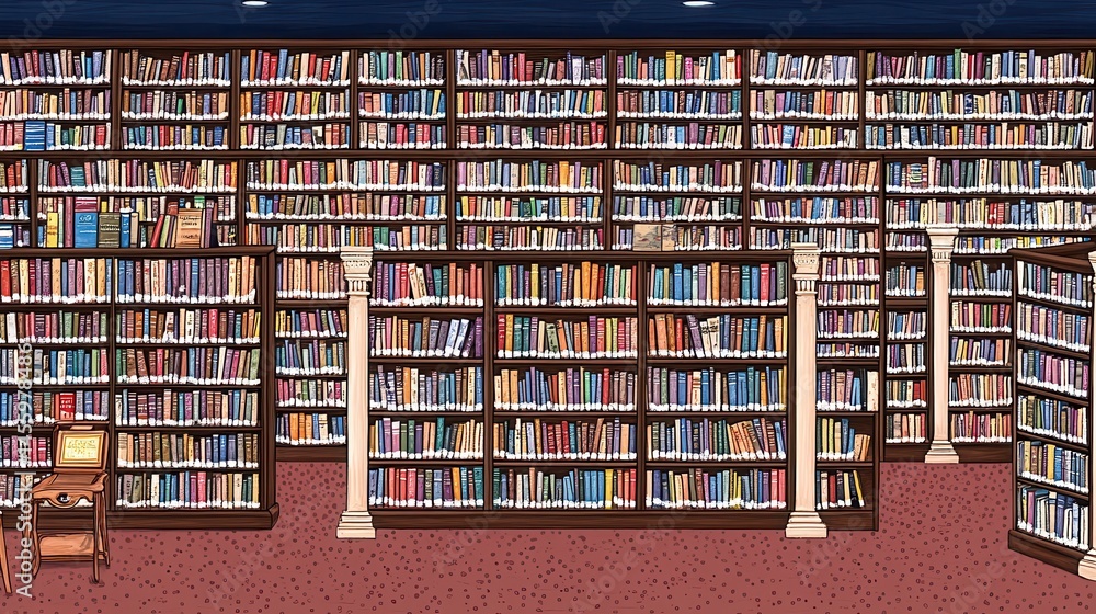 Expansive pixelated library interior illustration teeming with stacks of books and architectural columns detailed background for educational games Expansive pixelated library interior illustration teeming with stacks of books and architectural columns detailed background for educational games