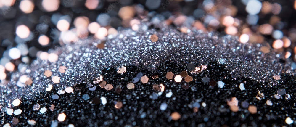 Pile of black glitter sparkles and shimmers with metallic hexagons creating abstract texture. Pile of black glitter sparkles and shimmers with metallic hexagons creating abstract texture.