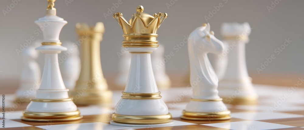 Elegant white and gold chess pieces are arranged on a chessboard, with the queen in focus, symbolizing strategy and power.