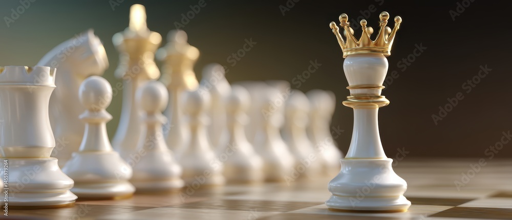 A close-up of elegant white chess pieces on a chessboard, with the queen prominently displayed in the foreground.