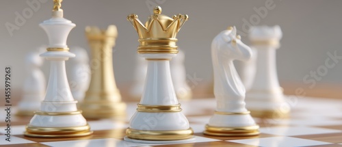 Obraz na płótnie Elegant white and gold chess pieces are arranged on a chessboard, with the queen in focus, symbolizing strategy and power. w salonie