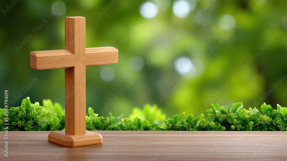 Wooden cross on a table with green foliage and a blurred natural background.