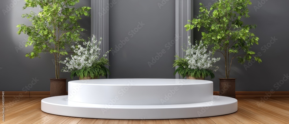 Modern white podium with green plants and floral arrangements on a wooden floor, set against a gray wall with decorative columns.