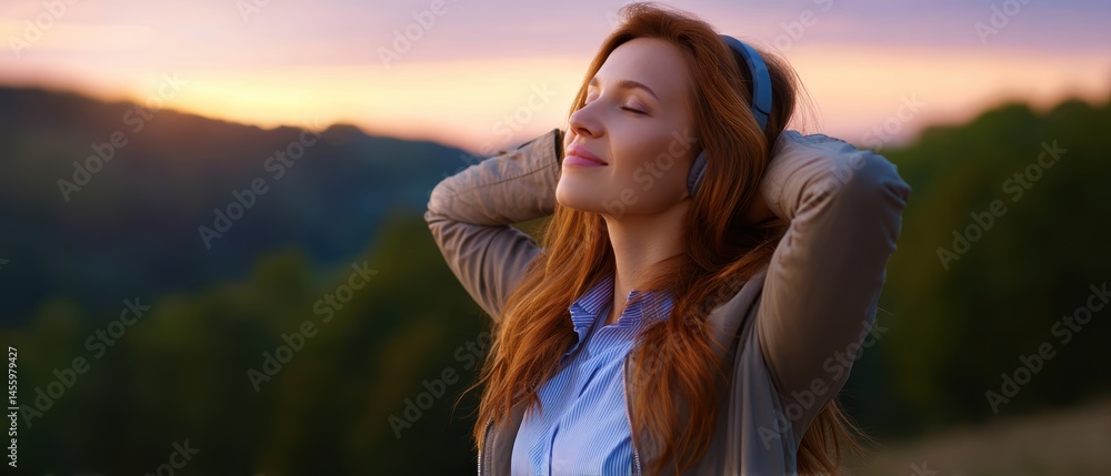 A woman enjoys music with headphones outdoors at sunset, appearing relaxed and content, surrounded by nature.