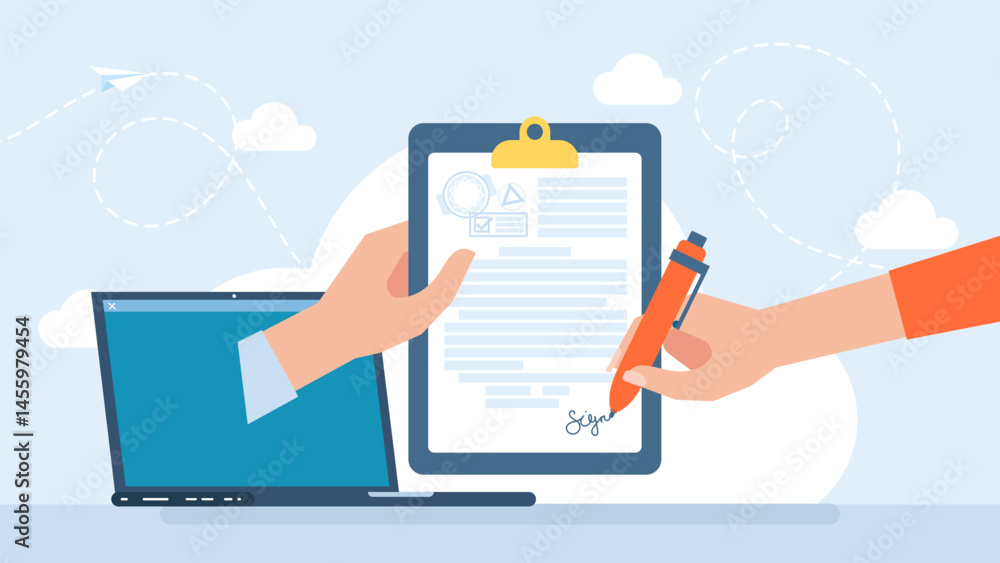 Digital signature concept. Electronic contract with digital signature. Businessmen make online deal with e-signature. Business woman signing electronic business contract on laptop. Vector illustration Digital signature concept. Electronic contract with digital signature. Businessmen make online deal with e-signature. Business woman signing electronic business contract on laptop. Vector illustration