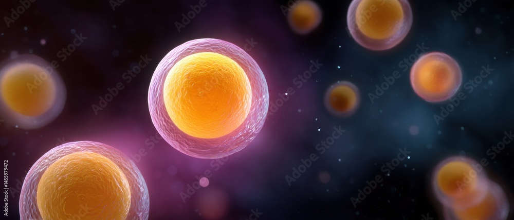 Microscopic view of glowing biological cells floating against a dark, colorful background, illustrating a scientific or medical concept.