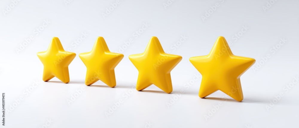 Four yellow 3D stars are lined up on a white background, symbolizing a four-star rating or review.
