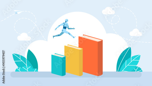 Smart robot climb stairs from book. Reading increases knowledge which can increase the dignity of better life. Books and robots for machine learning stages concept. Vector illustration