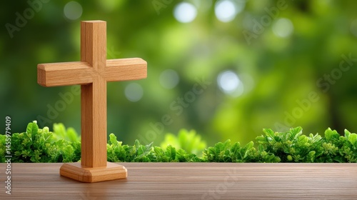 Obraz na płótnie Wooden cross on a table with green foliage and a blurred natural background. w salonie