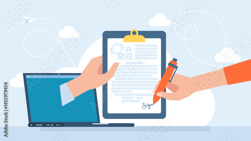 Digital signature concept. Electronic contract with digital signature. Businessmen make online deal with e-signature. Business woman signing electronic business contract on laptop. Vector illustration