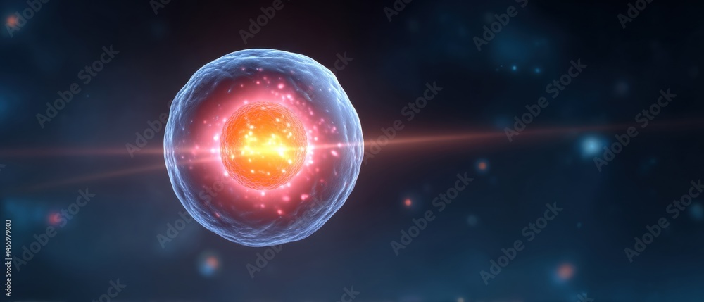 A glowing biological cell floats in a dark, cosmic-like space, highlighting its nucleus and vibrant internal structures.