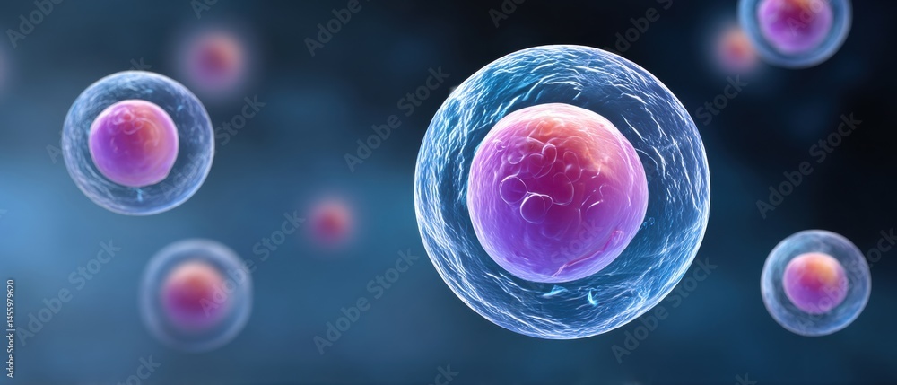 Microscopic view of several vibrant, glowing cells floating in a blue environment.