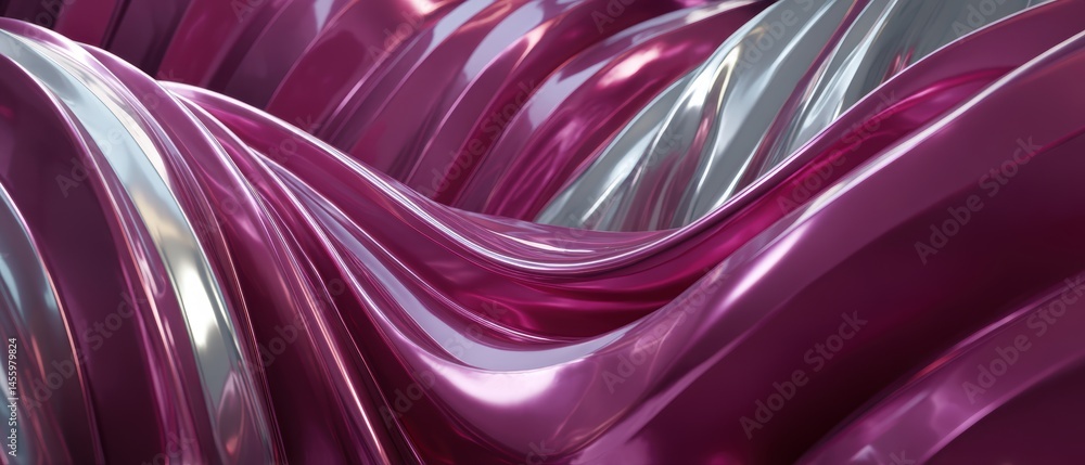 Abstract metallic waves in glossy pink and silver, creating a modern and futuristic visual texture with smooth, flowing lines.