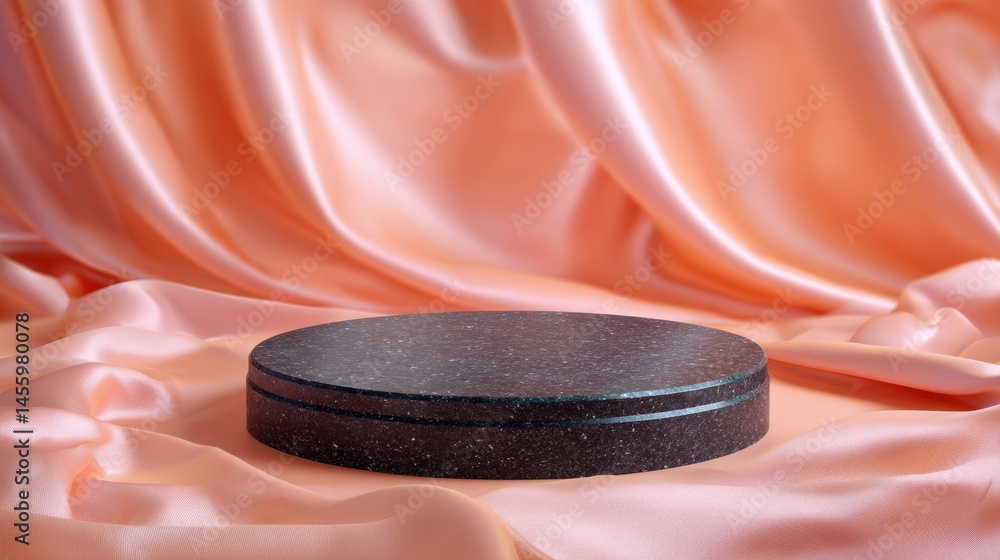 A round, dark stone pedestal sits on peach satin fabric, creating an elegant and luxurious display background.