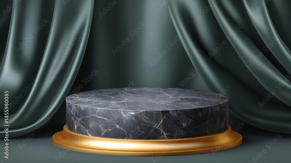 Elegant black marble pedestal with gold base stands before luxurious draped dark green fabric, creating a sophisticated display setting.
