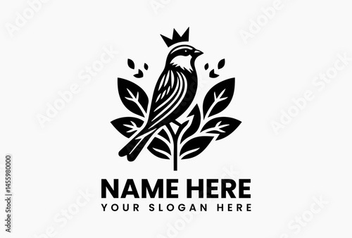 Delicate sparrow in flight wearing a dainty floral crown, minimalist vector logo for eco-friendly jewelry brands