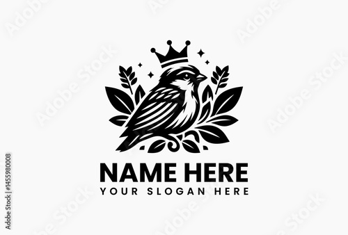 Delicate sparrow in flight wearing a dainty floral crown, minimalist vector logo for eco-friendly jewelry brands