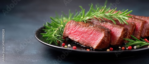 Obraz na płótnie Juicy medium-rare steak slices served on a black plate with fresh rosemary and peppercorns, creating a gourmet presentation. w salonie