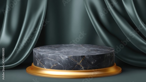 Obraz na płótnie Elegant black marble pedestal with gold base stands before luxurious draped dark green fabric, creating a sophisticated display setting. w salonie