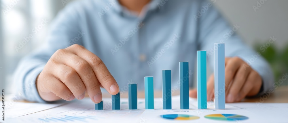 A person analyzes and arranges bar charts and graphs on a desk, representing business growth and financial data.