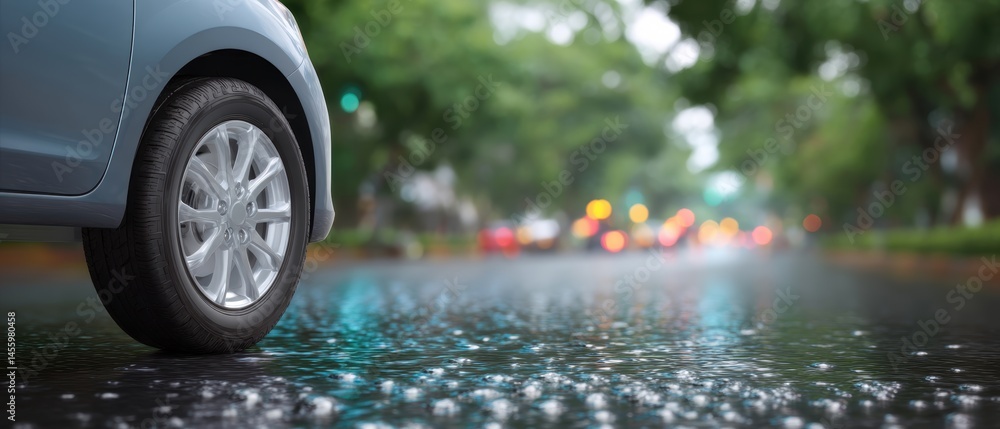 A car parked on a wet road with raindrops, reflecting city lights and green trees in the background.