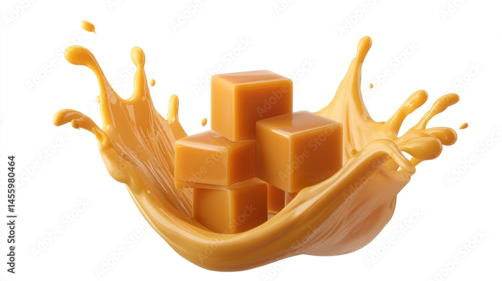 Caramel cubes splash into creamy liquid, creating an appetizing and dynamic sweet treat visual.
