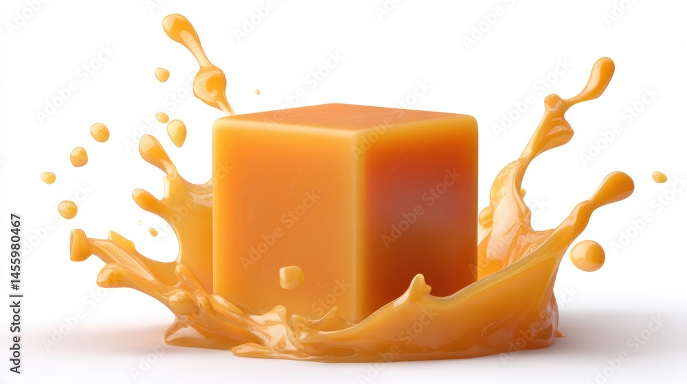An orange cube splashes into liquid, creating vibrant, dynamic droplets on a white background.