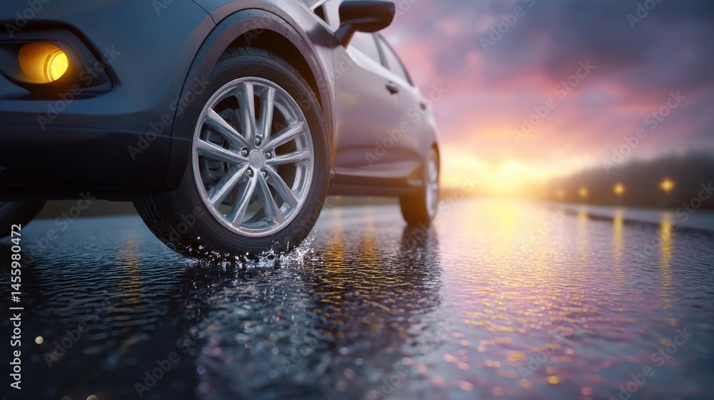 A car drives on a wet road at sunset, with water reflections and motion suggesting travel and adventure.