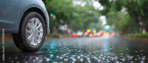A car parked on a wet road with raindrops, reflecting city lights and green trees in the background.