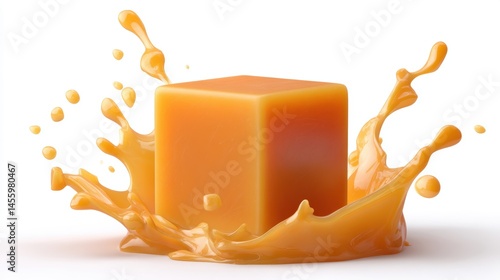 Obraz na płótnie An orange cube splashes into liquid, creating vibrant, dynamic droplets on a white background. w salonie