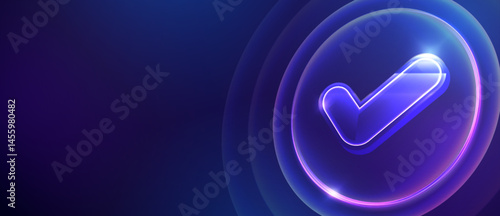Glowing futuristic checkmark icon on abstract tech background